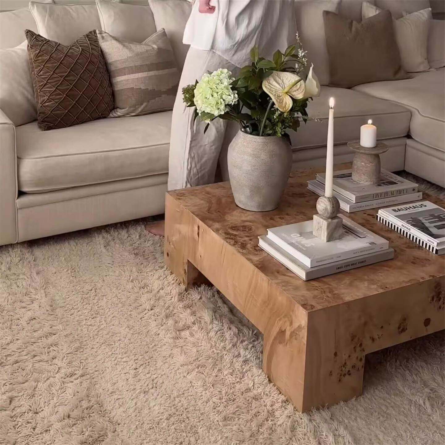 Mid-Century Inspired Burlwood Coffee Table – Warm Tones and Textured Surface Detail