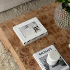 Mid-Century Inspired Burlwood Coffee Table – Warm Tones and Textured Surface Detail