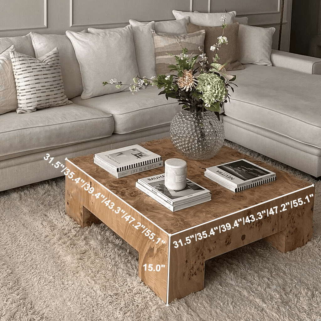 Mid-Century Inspired Burlwood Coffee Table – Warm Tones and Textured Surface Detail Dimensions