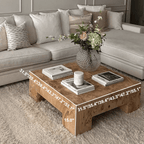 Mid-Century Inspired Burlwood Coffee Table – Warm Tones and Textured Surface Detail Dimensions