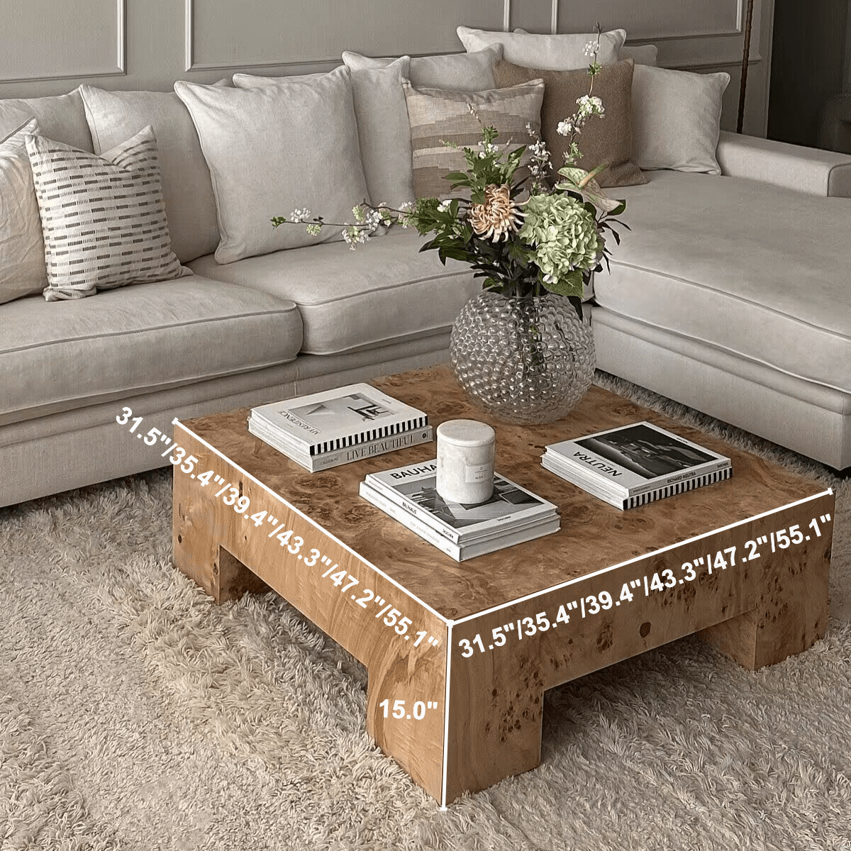 Mid-Century Inspired Burlwood Coffee Table – Warm Tones and Textured Surface Detail Dimensions