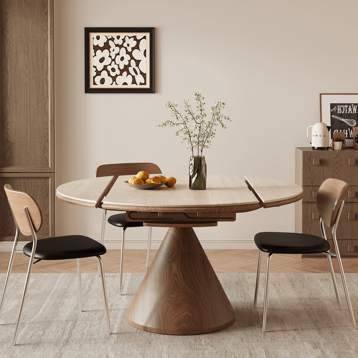 Mid-Century Inspired Extendable Table in Sintered Stone and Wood-Grain Steel Main Product Image Main image