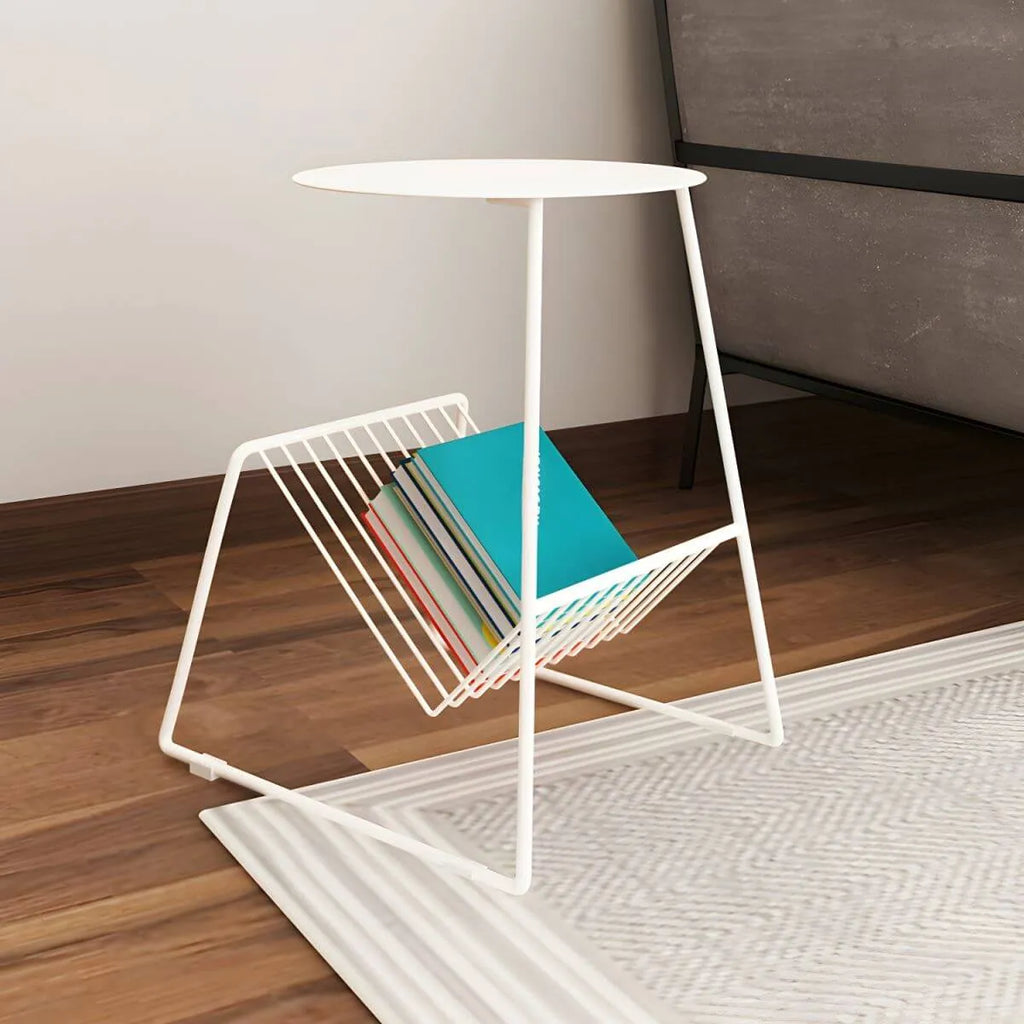 Mid-Century Metal Round Side Table with Magazine Rack