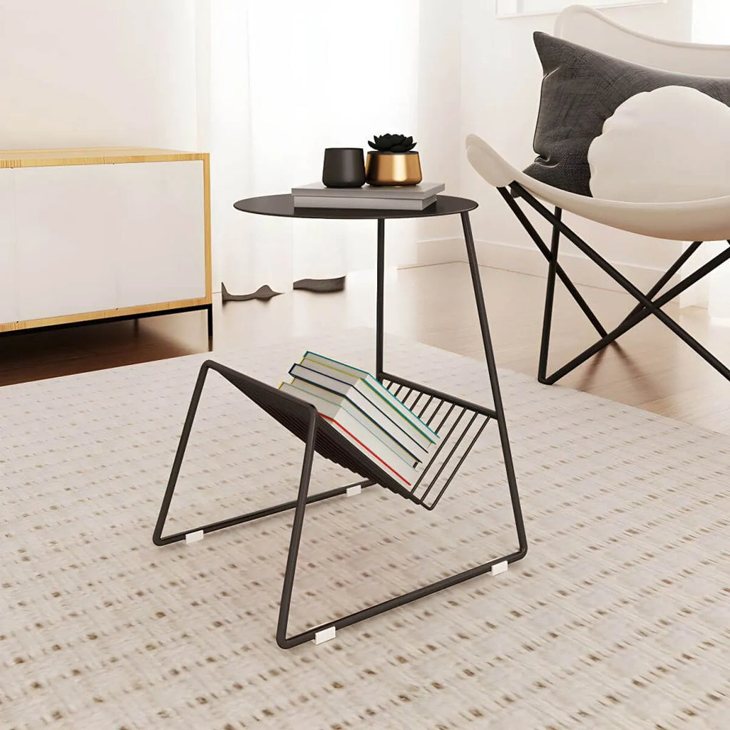 Mid-Century Metal Round Side Table with Magazine Rack