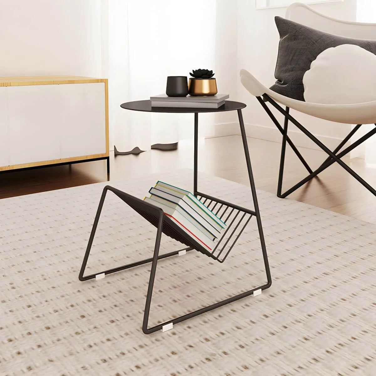 Mid-Century Metal Round Side Table with Magazine Rack