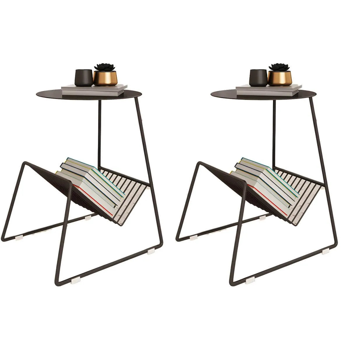 Mid-Century Metal Round Side Table with Magazine Rack