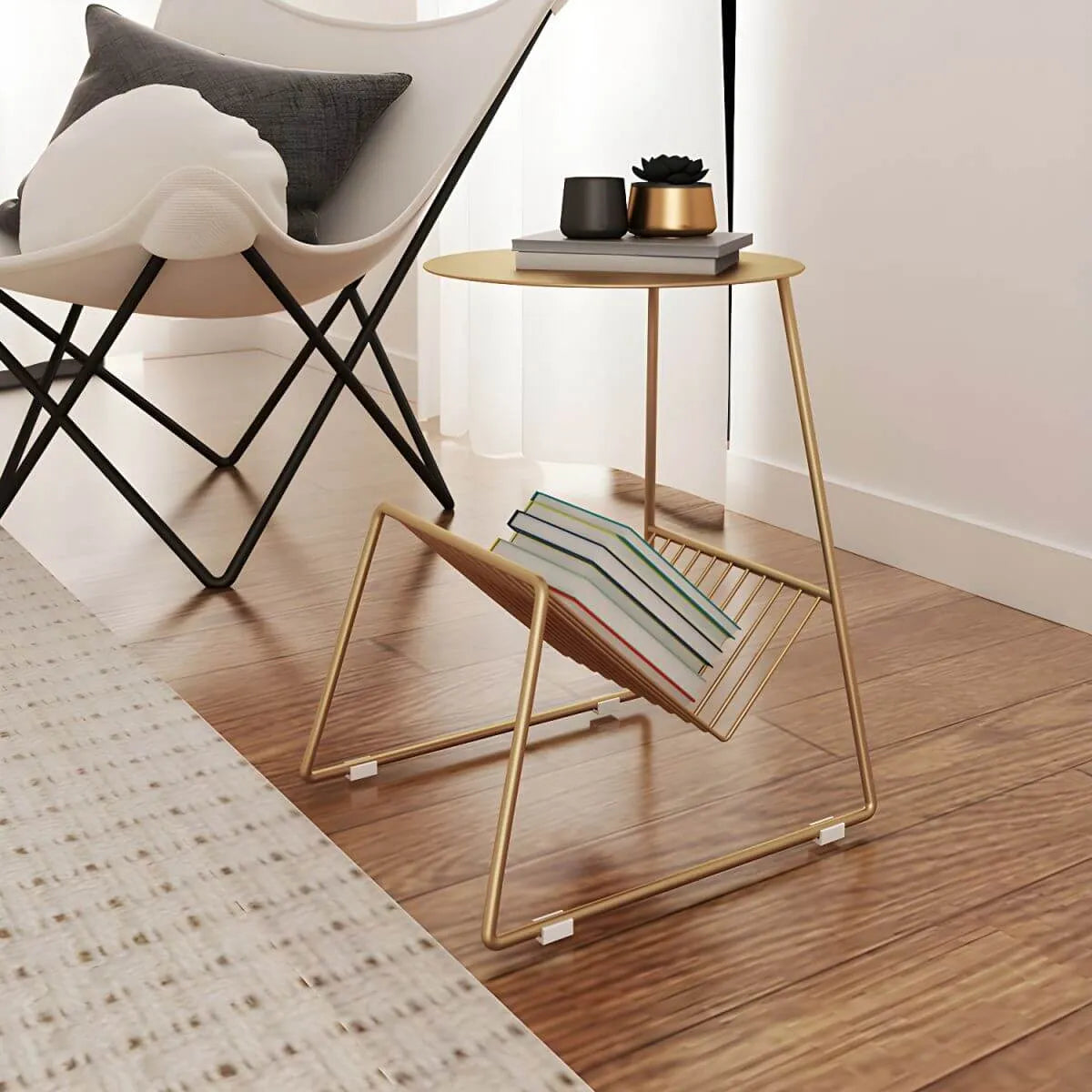 Mid-Century Metal Round Side Table with Magazine Rack