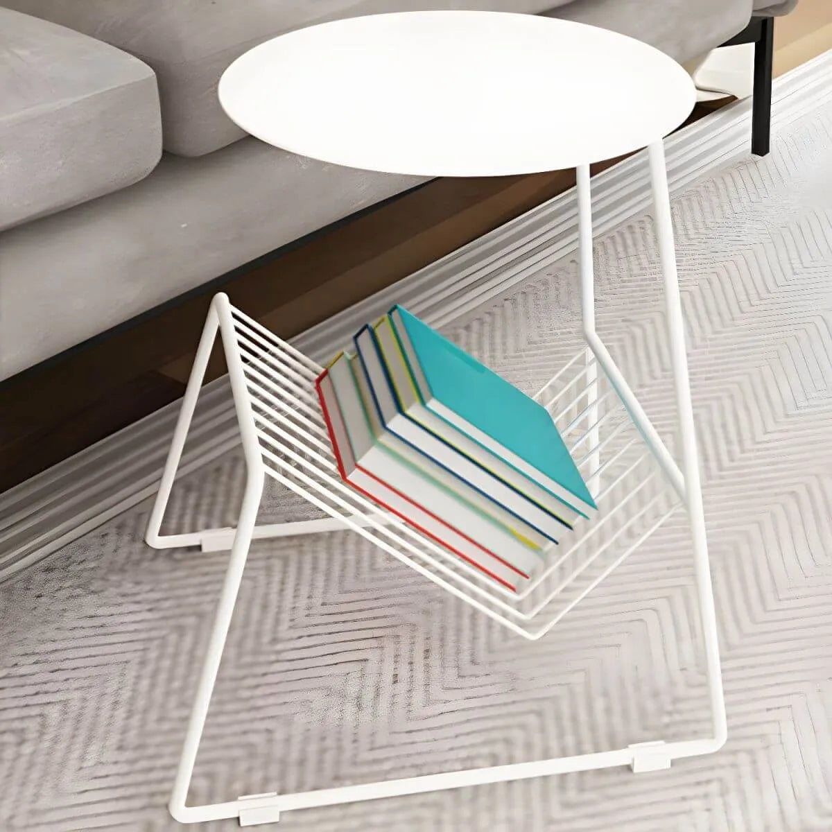 Mid-Century Metal Round Side Table with Magazine Rack