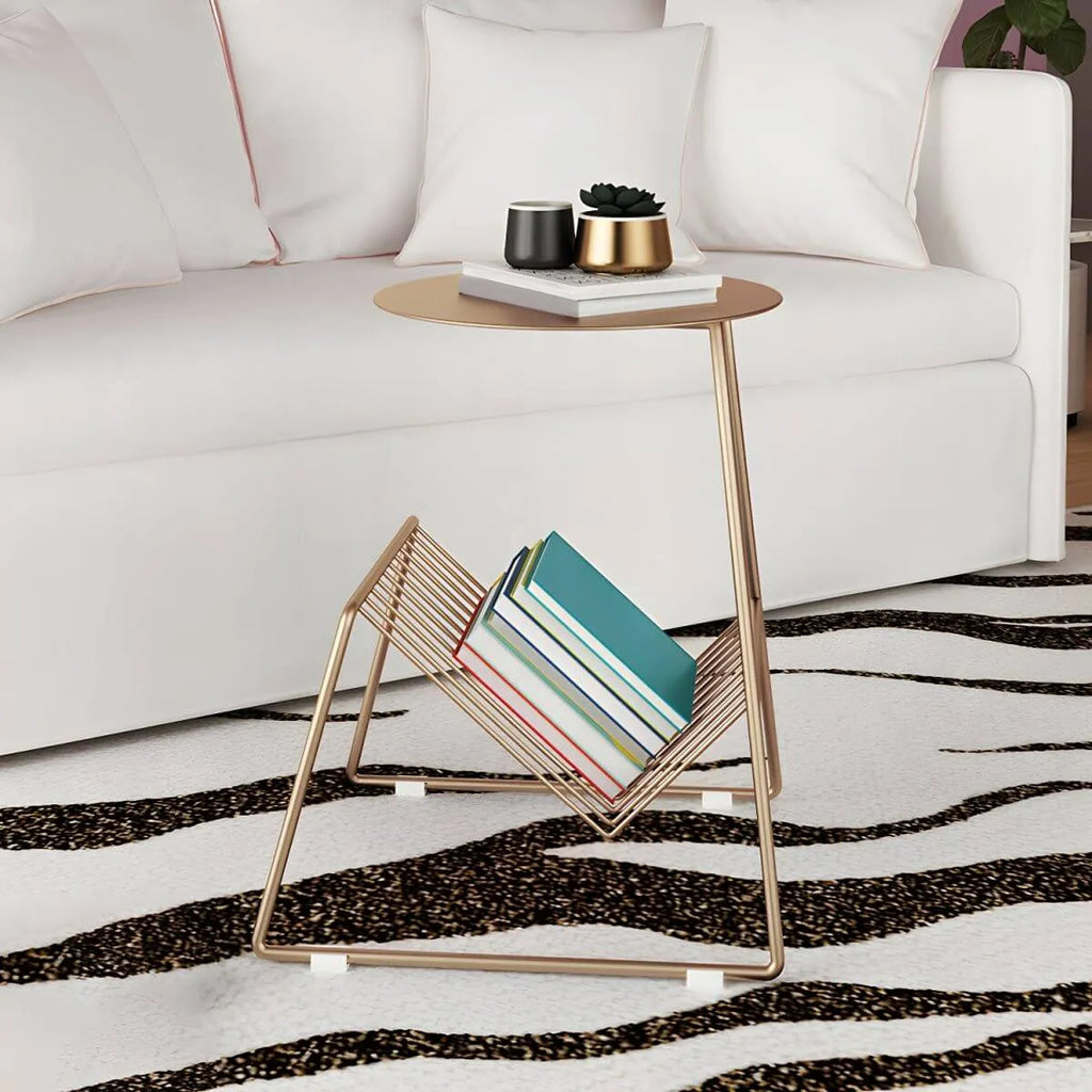 Mid-Century Metal Round Side Table with Magazine Rack