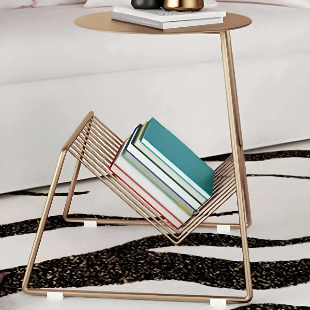 Mid-Century Metal Round Side Table with Magazine Rack