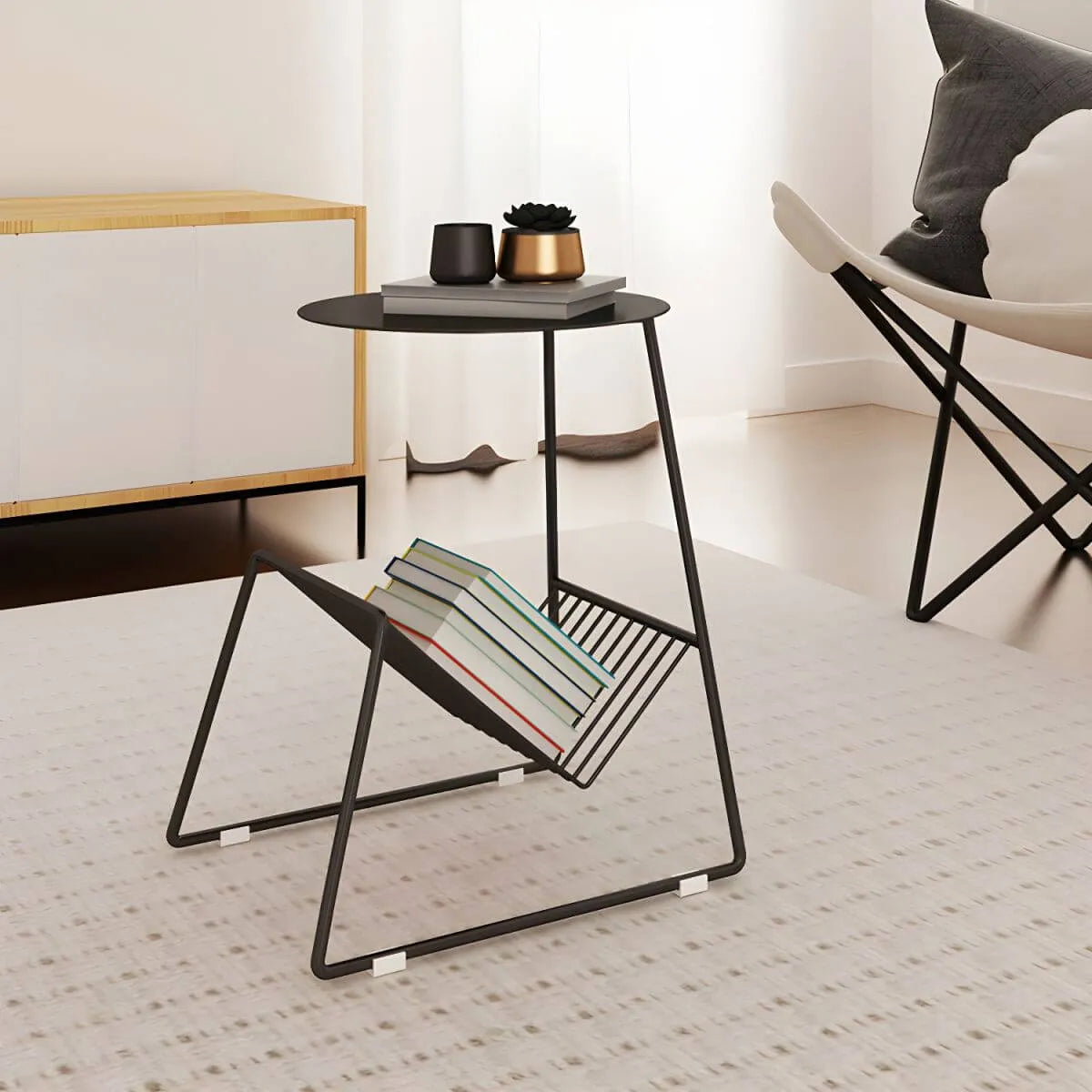 Mid-Century Metal Round Side Table with Magazine Rack Main Product Image Main image