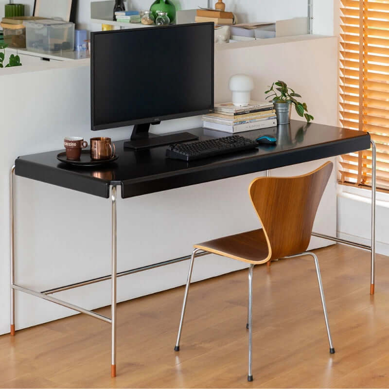 Mid-Century Modern Black Wood Desk With Steel Legs