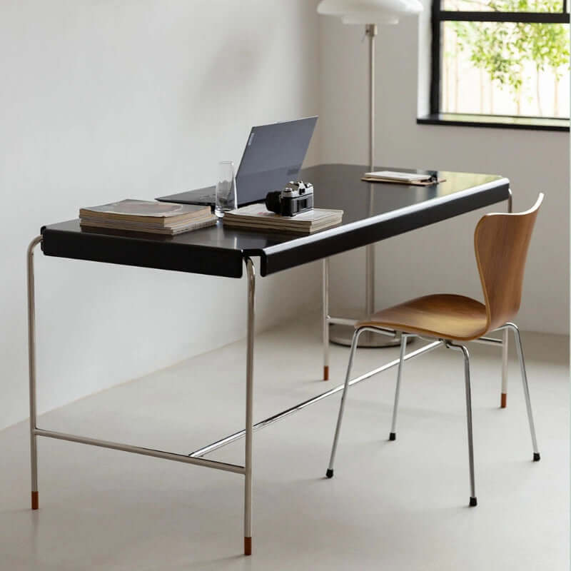 Mid-Century Modern Black Wood Desk With Steel Legs