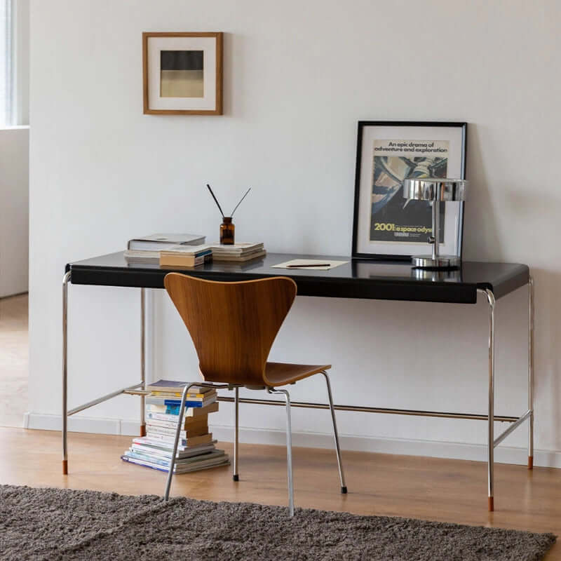 Mid-Century Modern Black Wood Desk With Steel Legs Main Product Image