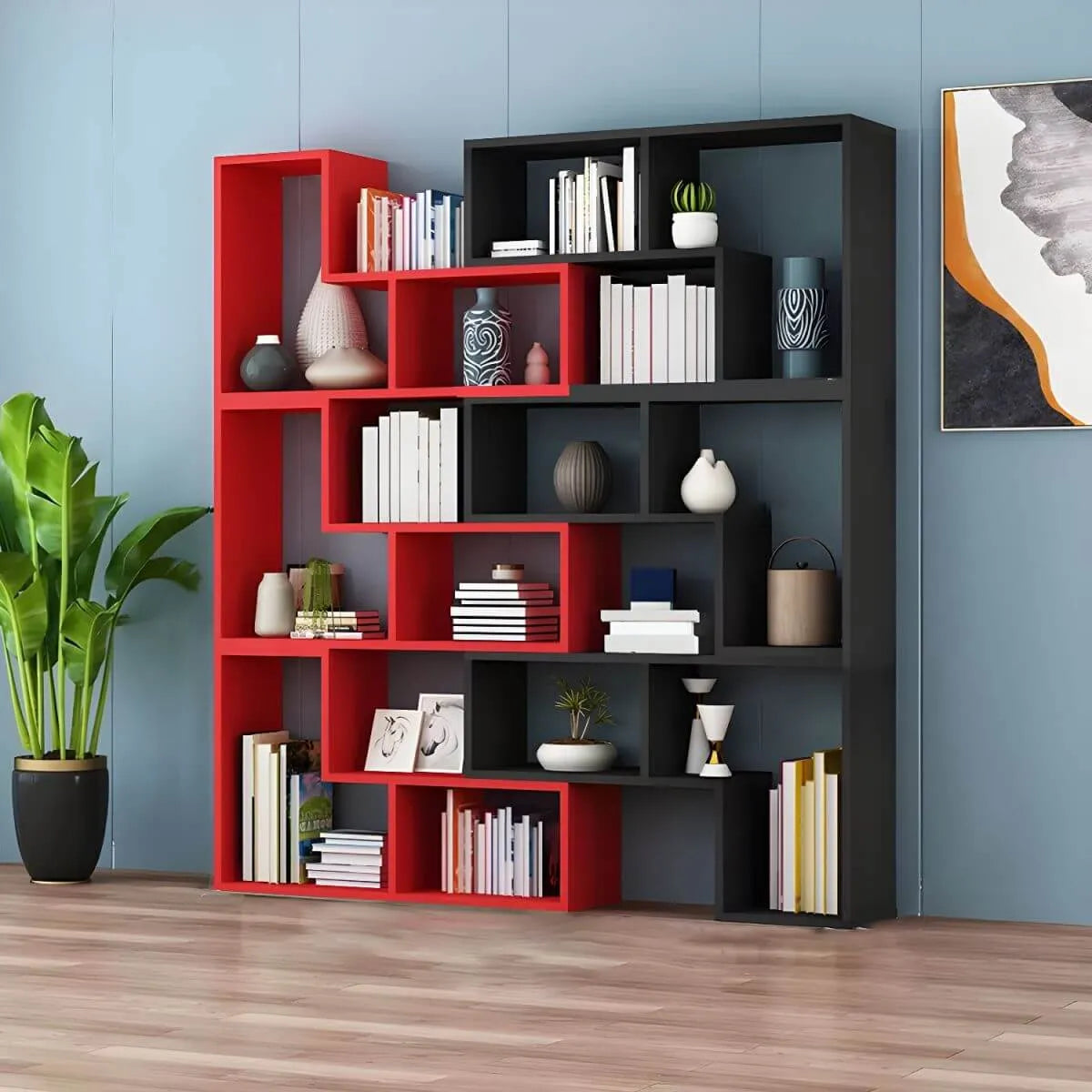 Mid-Century Modern Geometric Wood Bookcase with Open Back Design