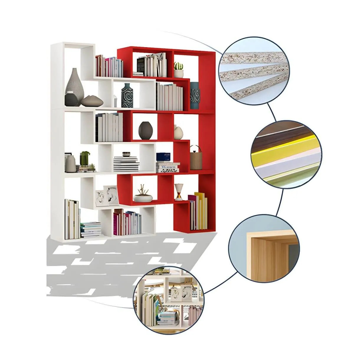 Mid-Century Modern Geometric Wood Bookcase with Open Back Design Imagen secundaria del producto