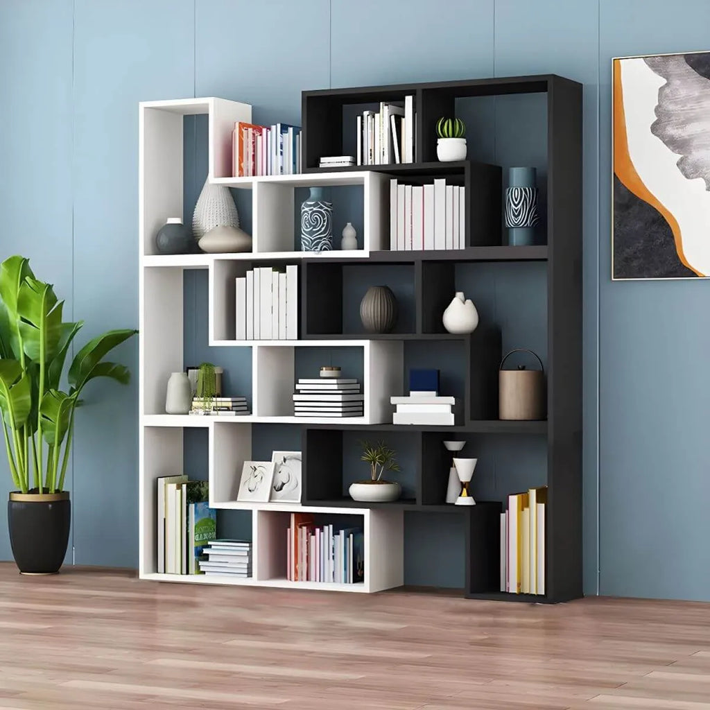Mid-Century Modern Geometric Wood Bookcase with Open Back Design