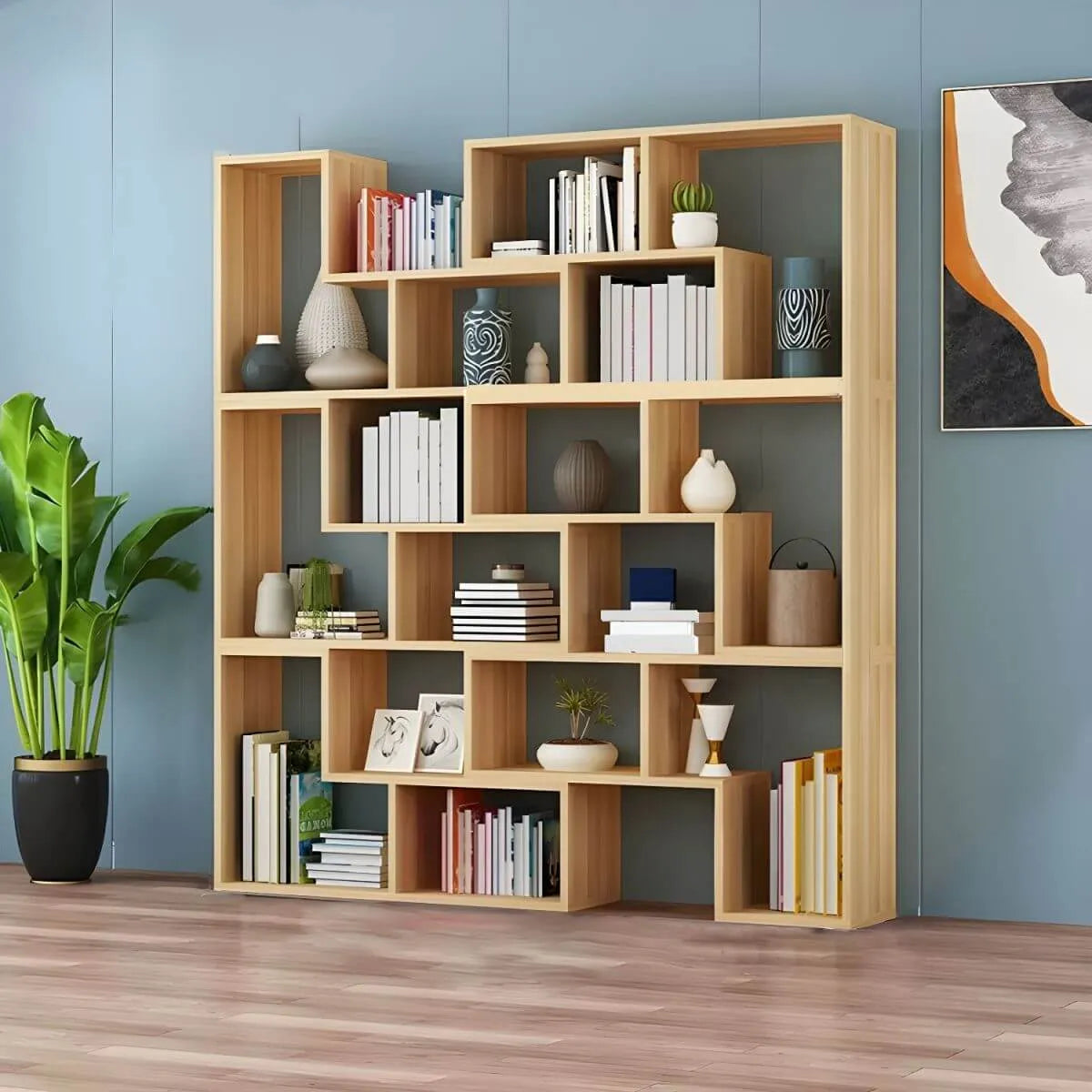 Mid-Century Modern Geometric Wood Bookcase with Open Back Design