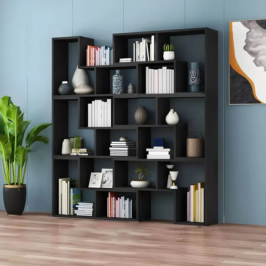 Mid-Century Modern Geometric Wood Bookcase with Open Back Design