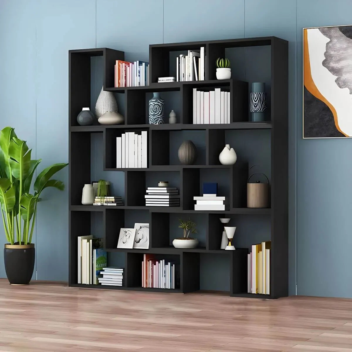 Mid-Century Modern Geometric Wood Bookcase with Open Back Design