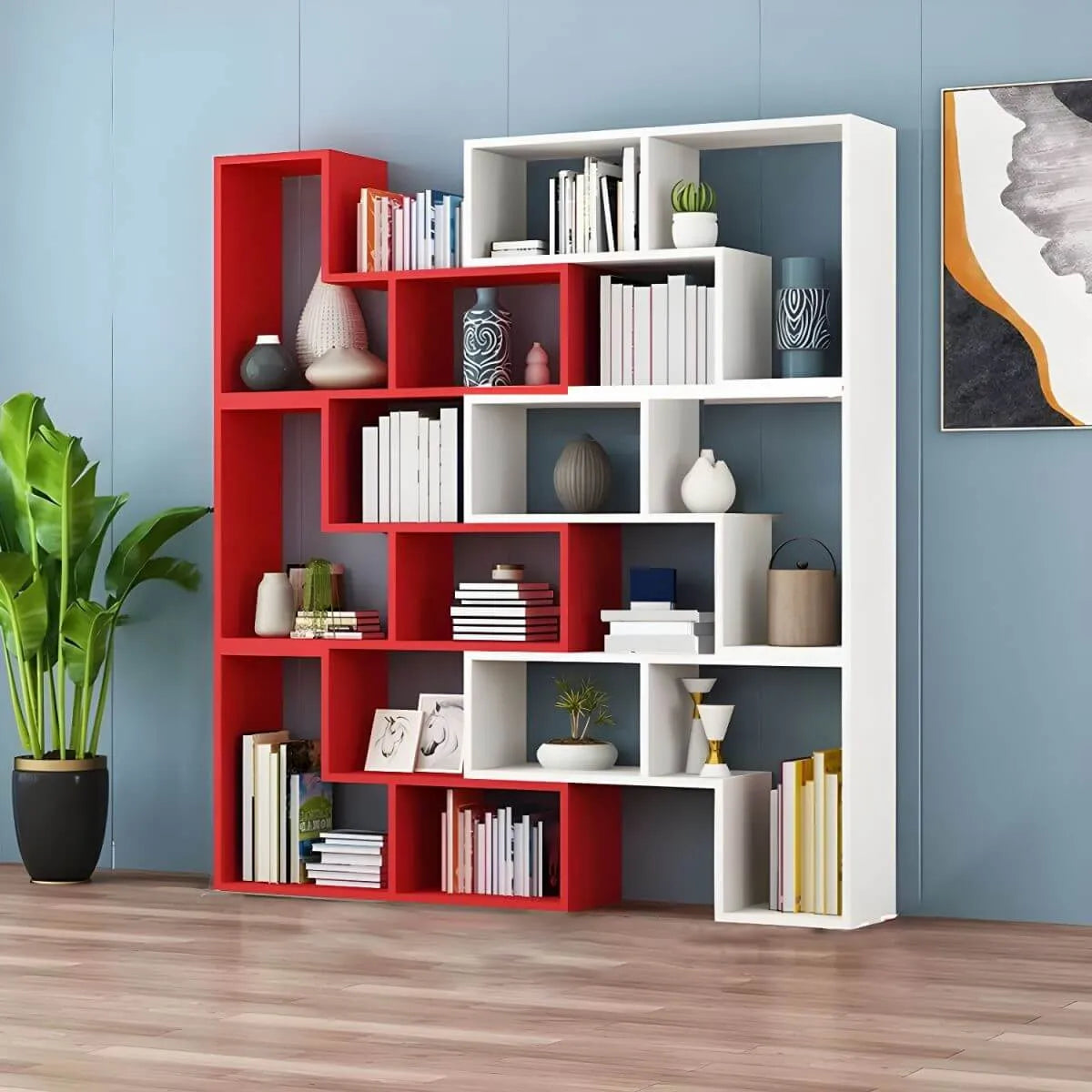 Mid-Century Modern Geometric Wood Bookcase with Open Back Design