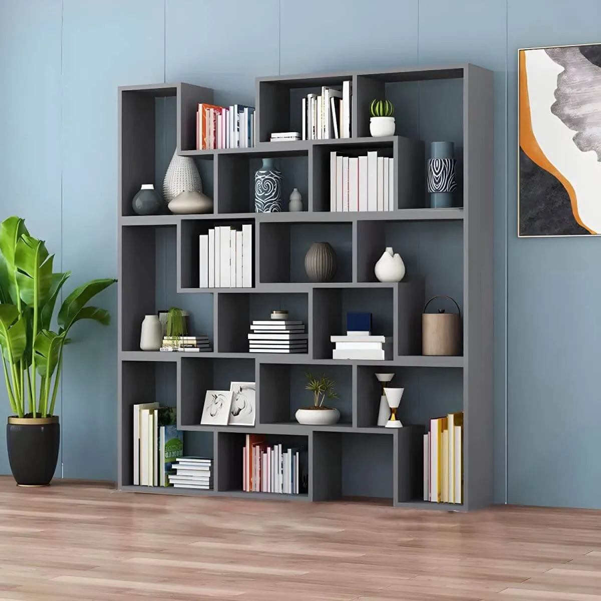 Mid-Century Modern Geometric Wood Bookcase with Open Back Design