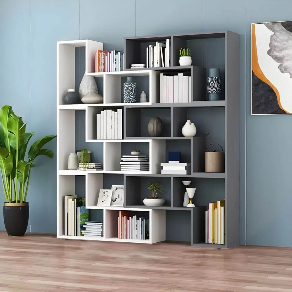 Mid-Century Modern Geometric Wood Bookcase with Open Back Design