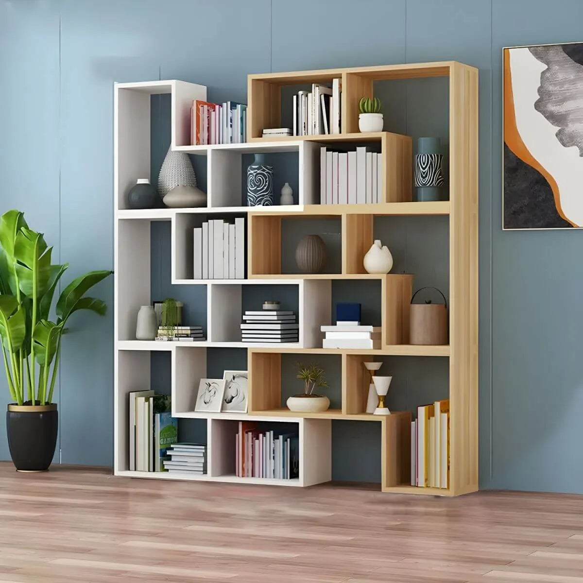 Mid-Century Modern Geometric Wood Bookcase with Open Back Design