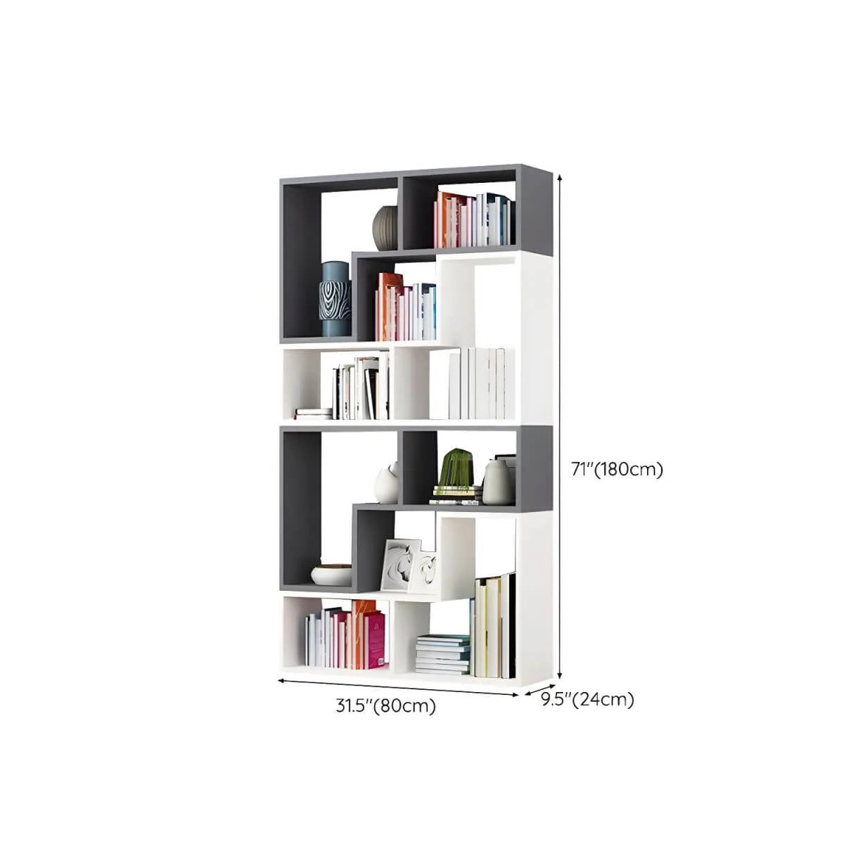Mid-Century Modern Geometric Wood Bookcase with Open Back Design Dimensions