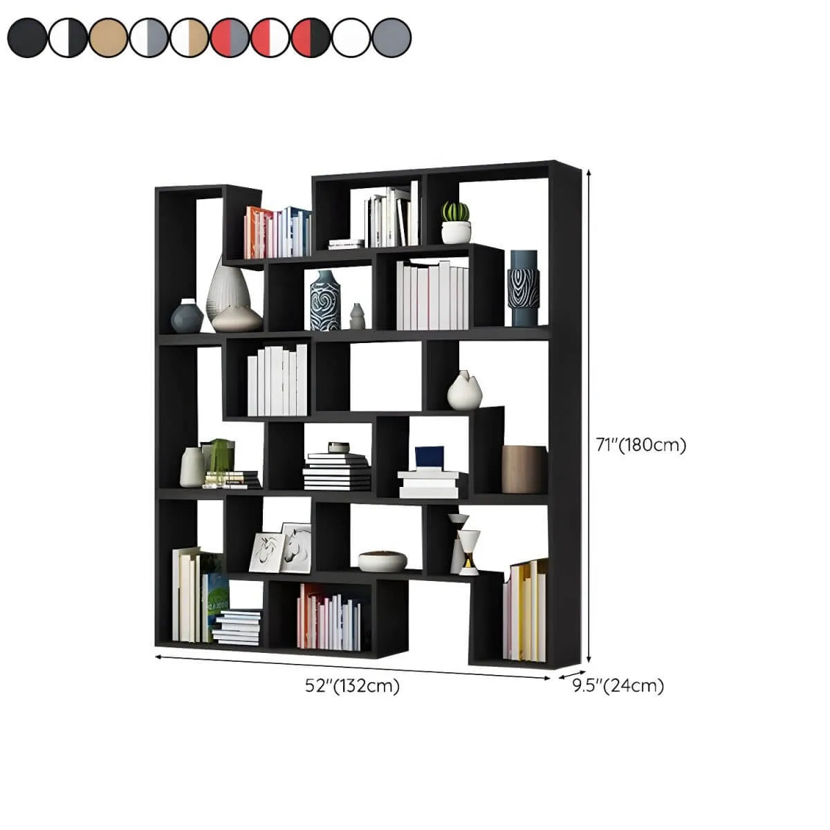 Mid-Century Modern Geometric Wood Bookcase with Open Back Design Dimensions