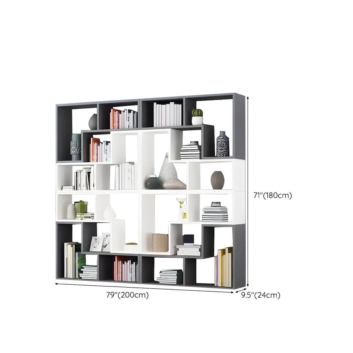 Mid-Century Modern Geometric Wood Bookcase with Open Back Design Dimensions