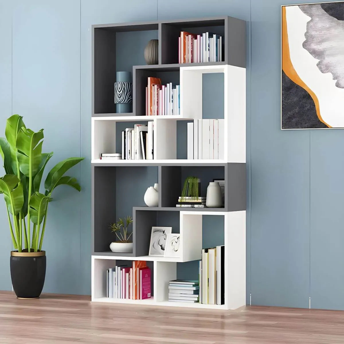 Mid-Century Modern Geometric Wood Bookcase with Open Back Design Main Product Image Imagen principal del producto