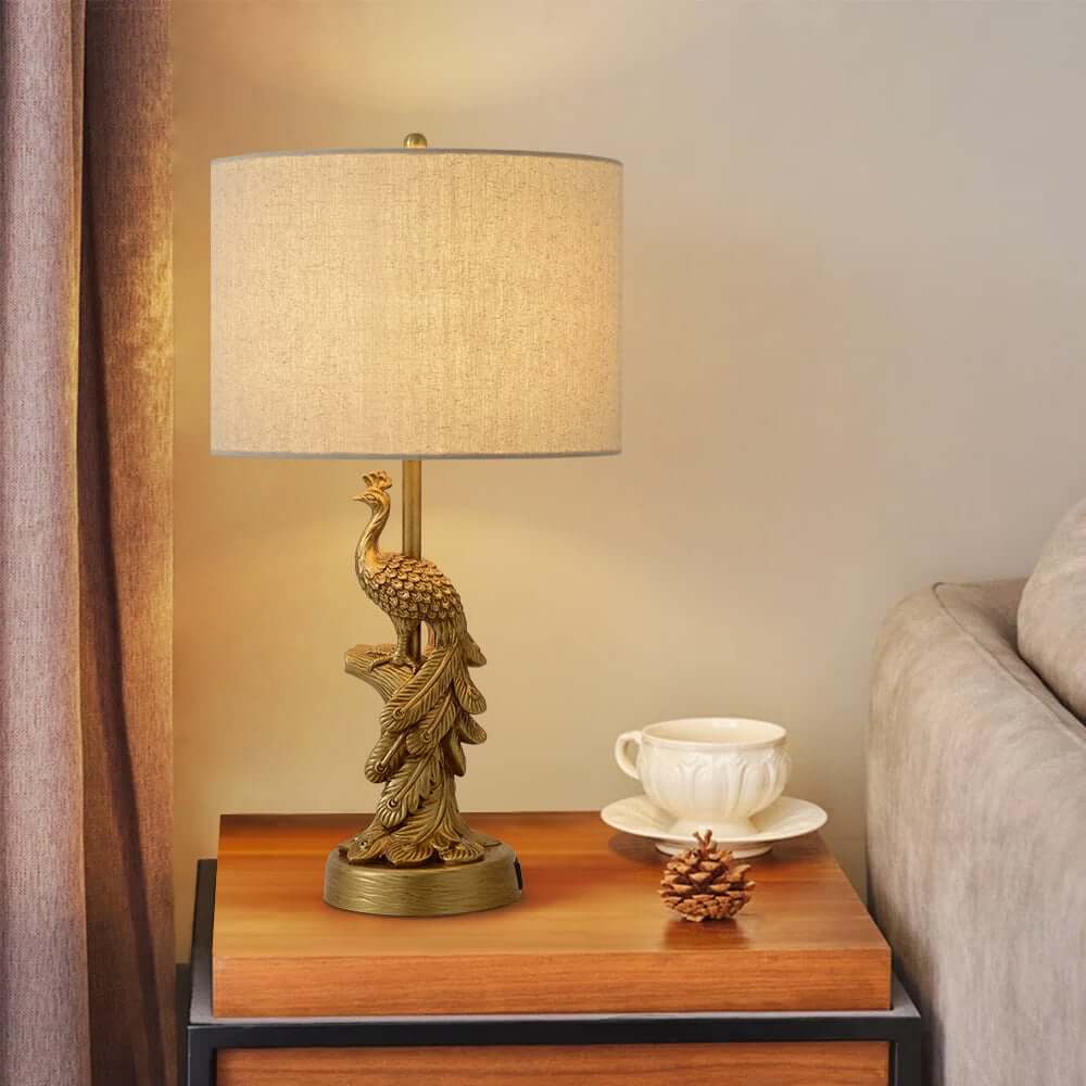 Mid-Century Modern Gold Peacock Table Lamp with Linen Shade