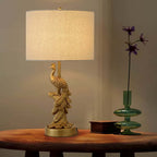 Mid-Century Modern Gold Peacock Table Lamp with Linen Shade