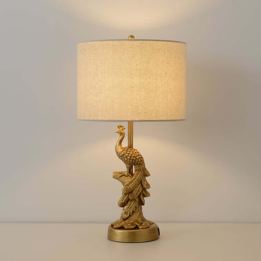 Mid-Century Modern Gold Peacock Table Lamp with Linen Shade