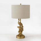 Mid-Century Modern Gold Peacock Table Lamp with Linen Shade