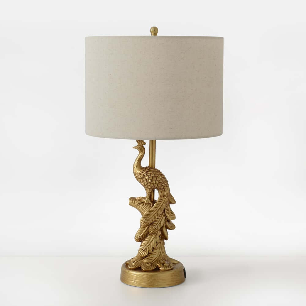 Mid-Century Modern Gold Peacock Table Lamp with Linen Shade