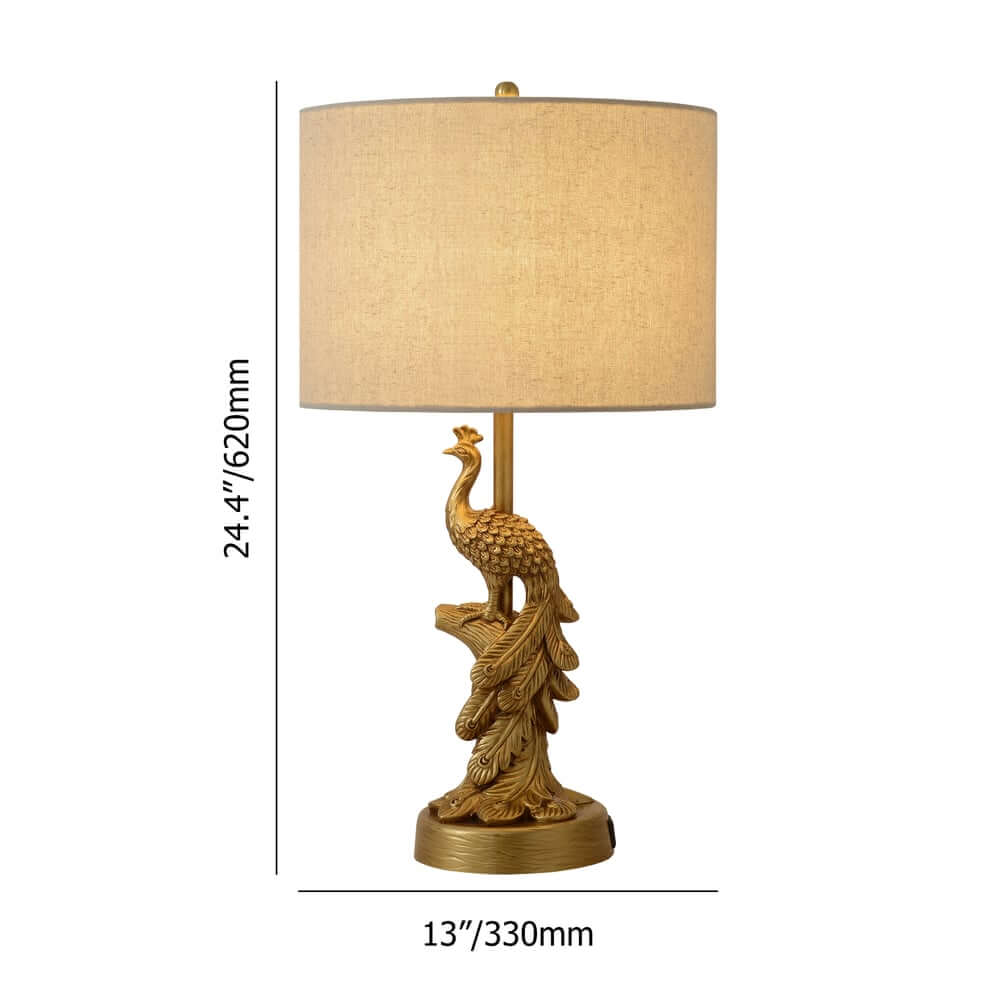 Mid-Century Modern Gold Peacock Table Lamp with Linen Shade Dimensions