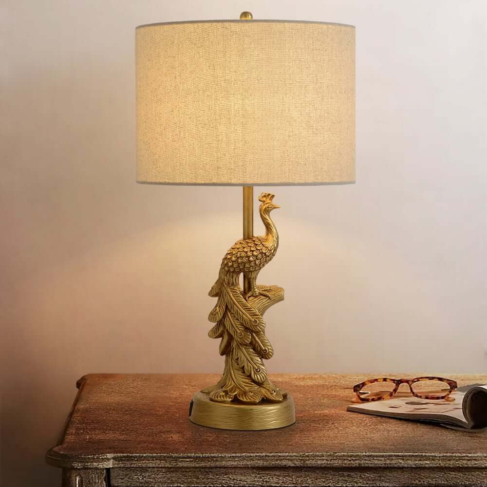 Mid-Century Modern Gold Peacock Table Lamp with Linen Shade Main Product Image