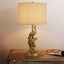 Mid-Century Modern Gold Peacock Table Lamp with Linen Shade Main Product Image