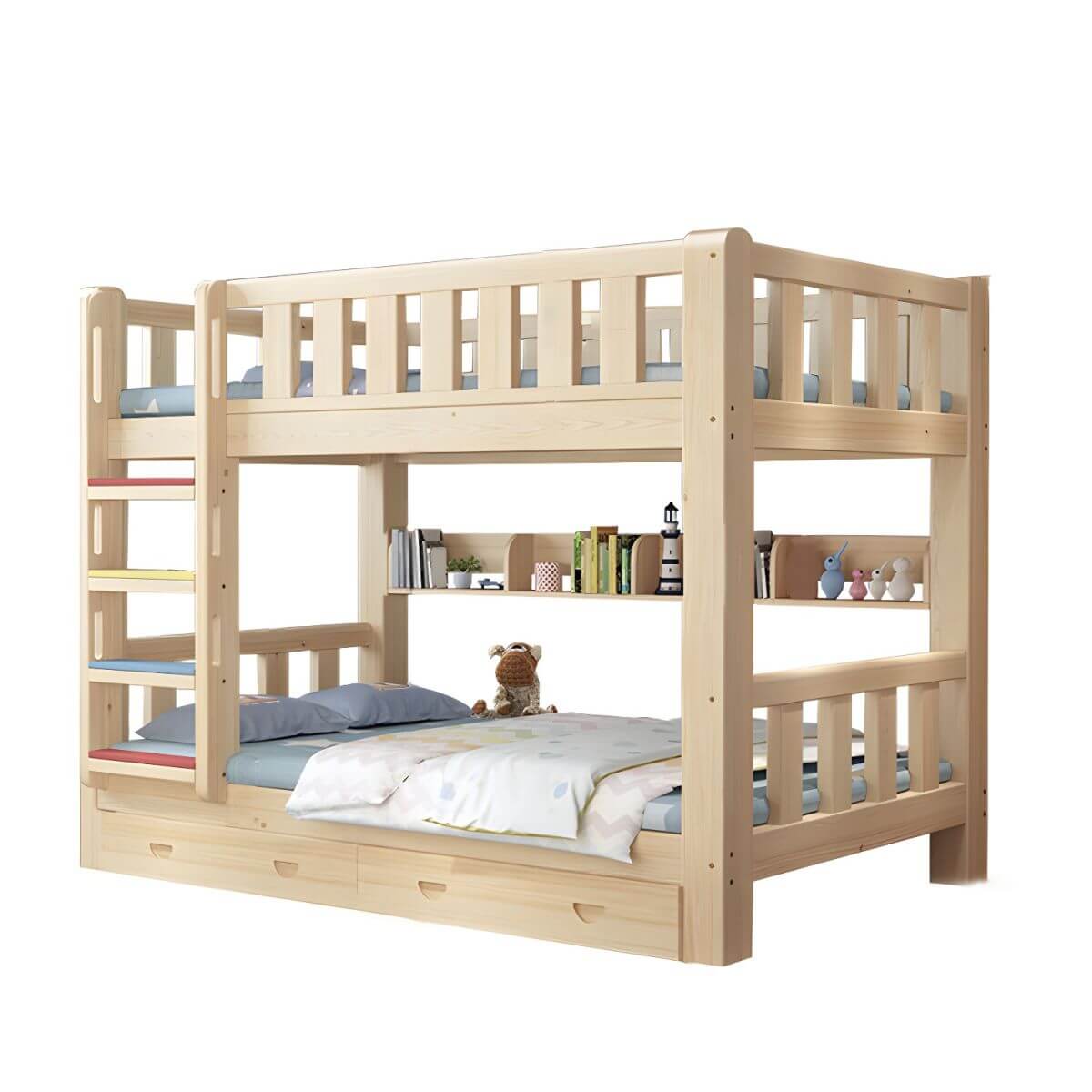 Mid-Century Modern Pine Bunk Bed with Bookcase & Storage Main image