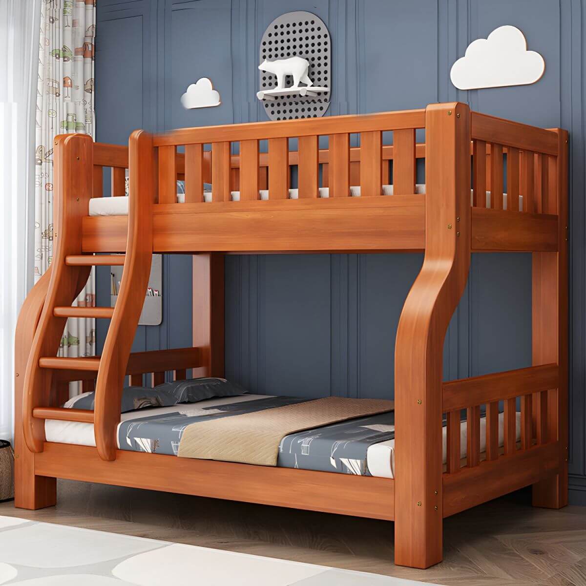 Mid-Century Modern Pine Kids Bunk Bed with Guardrails and Built-In Ladder メイン画像