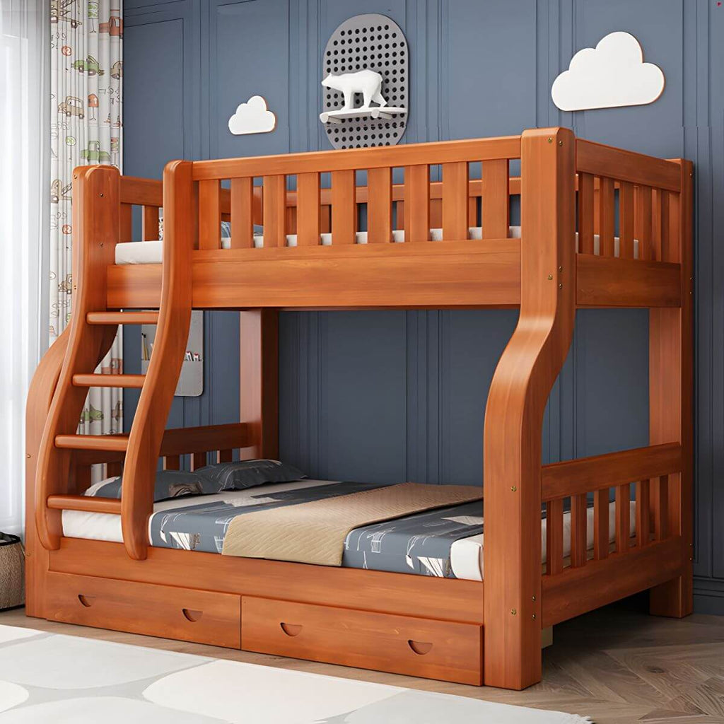 Mid-Century Modern Pine Kids Bunk Bed with Guardrails and Built-In Ladder