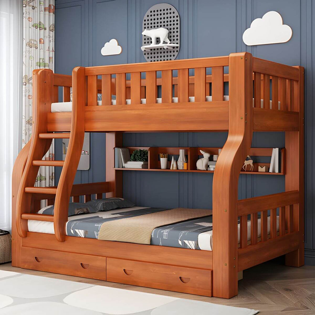 Mid-Century Modern Pine Kids Bunk Bed with Guardrails and Built-In Ladder