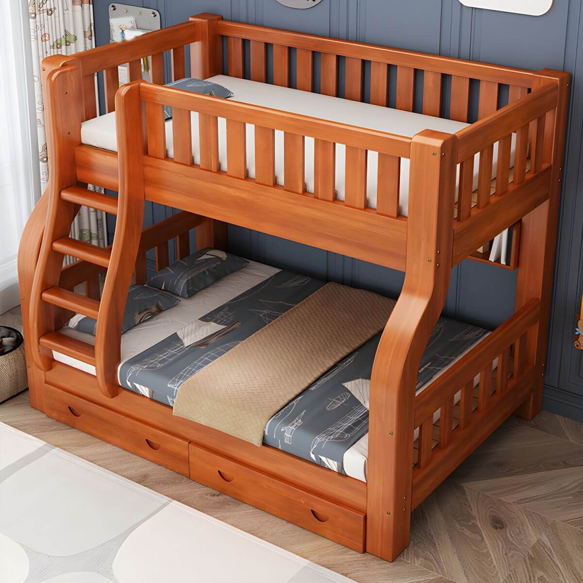 Mid-Century Modern Pine Kids Bunk Bed with Guardrails and Built-In Ladder Secondary image