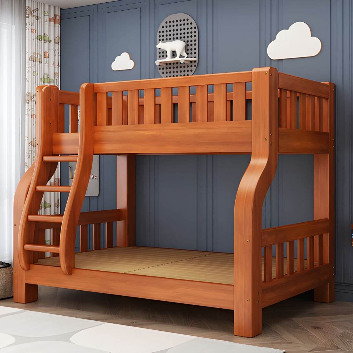 Mid-Century Modern Pine Kids Bunk Bed with Guardrails and Built-In Ladder Main Product Image Main image