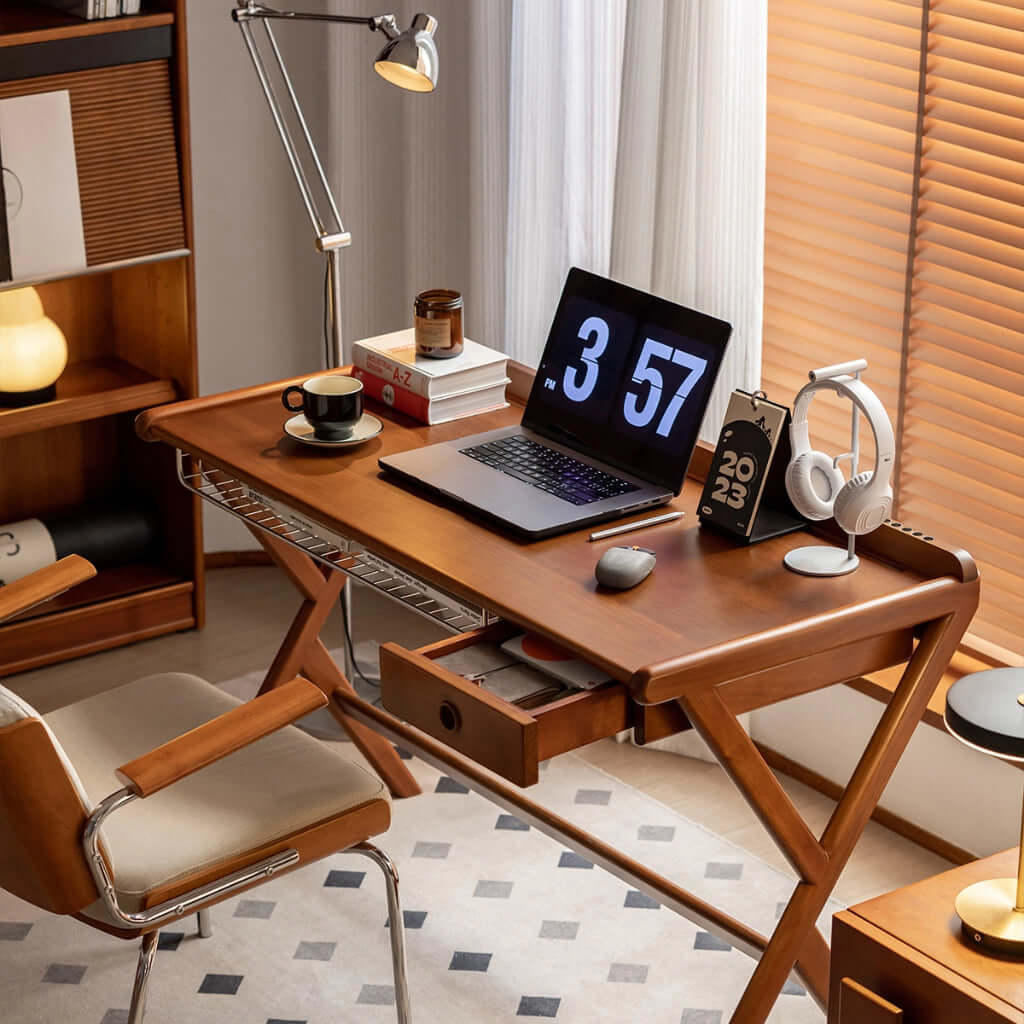 Mid-century Modern Solid Wood Desk With X-Shaped Base