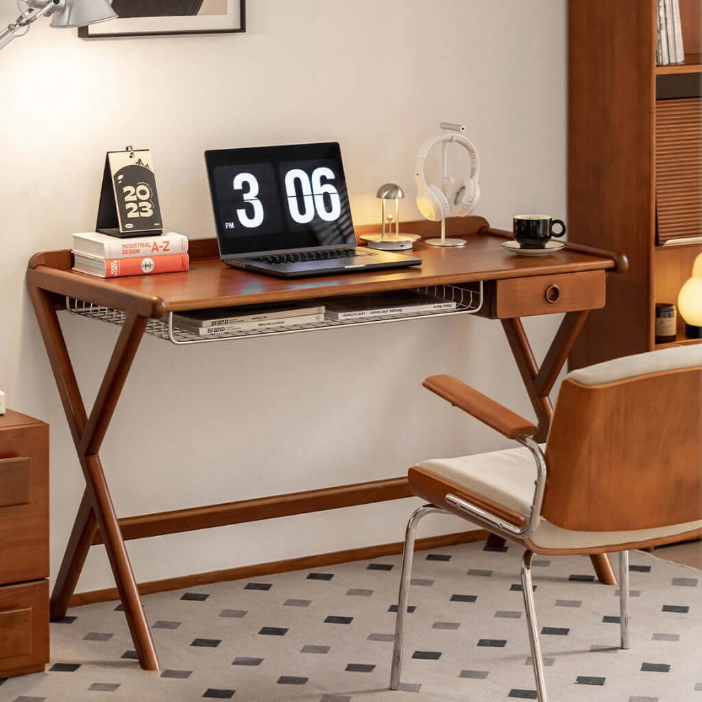 Mid-century Modern Solid Wood Desk With X-Shaped Base Main Product Image
