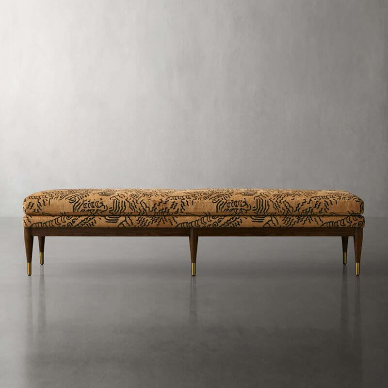 Mid-Century Modern Upholstered Bench with Tapered Brass-Tipped Legs Main Product Image Main image