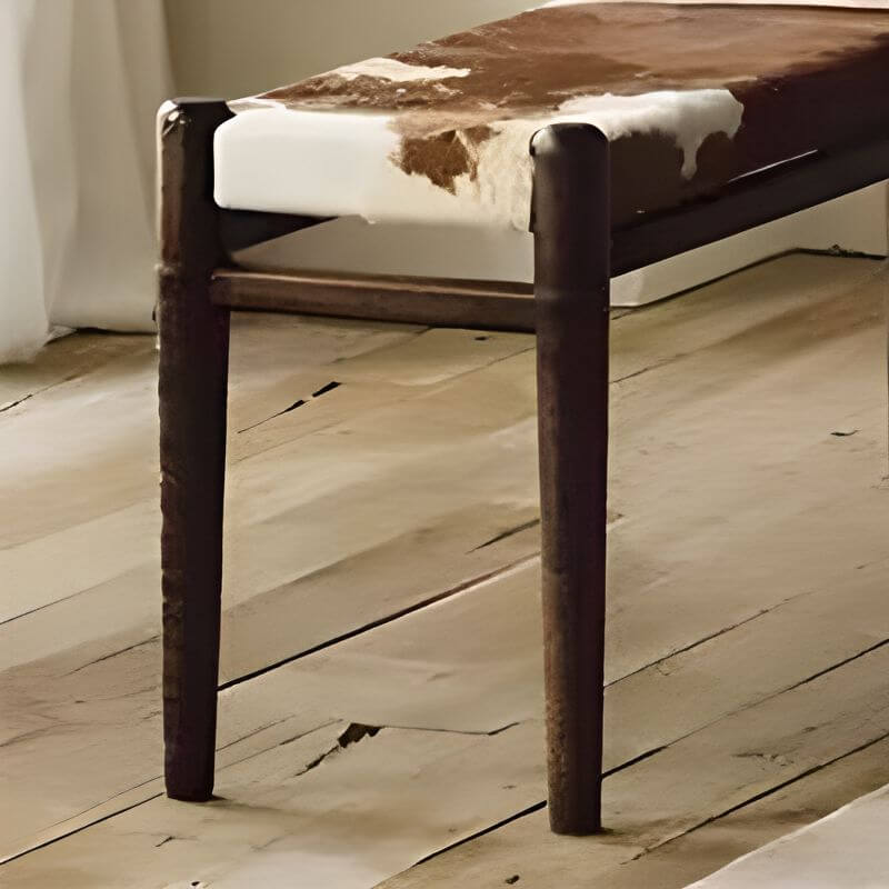 Mid-Century Modern Upholstered Entryway Bench in Natural Cowhide